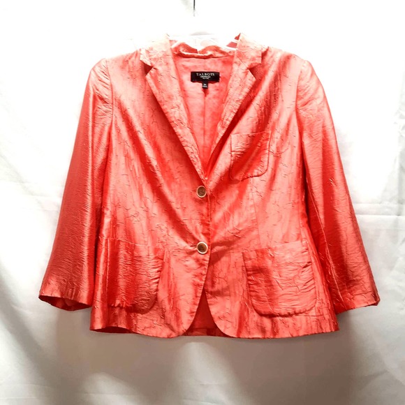 Talbots Petites Silk Blend Rich Coral Crinkle 2 button lightweight blazer 10P - Picture 1 of 4